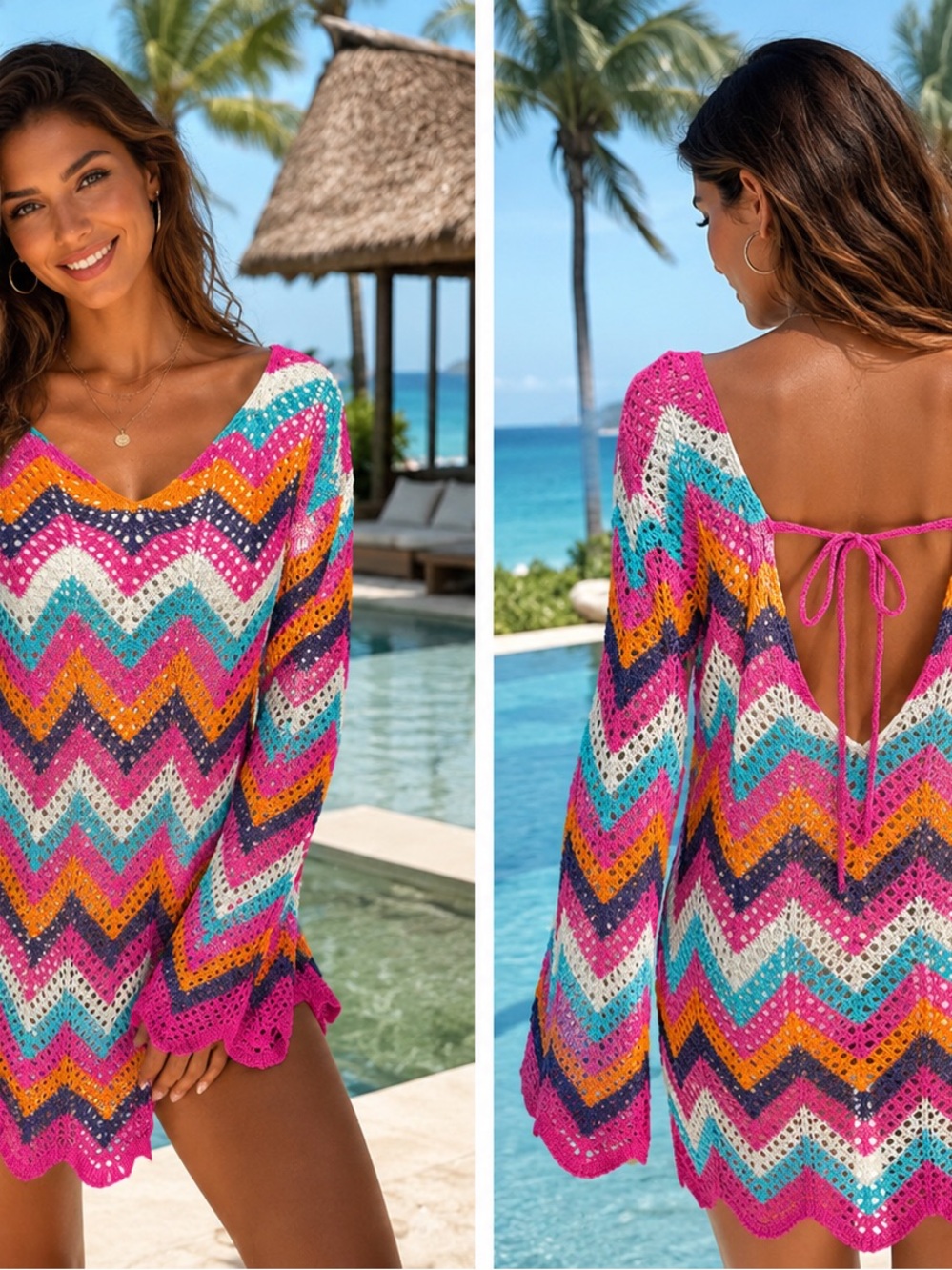 Colorful Crochet Chevron Swim Cover-Up Mini Dress Size Large Boho - Picture 12 of 12